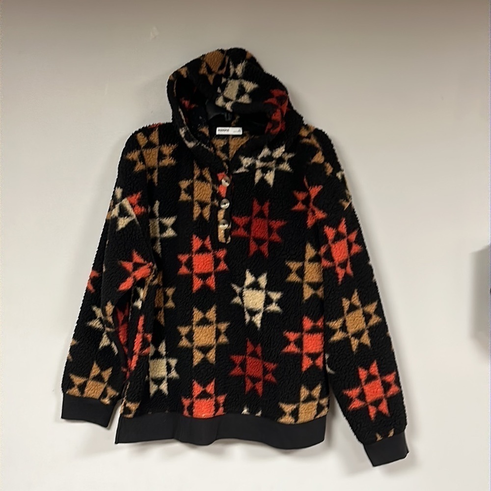 Sonoma Women's Black/ red/tan Sherpa Fleece Pullover Hoodie Sweatshirt -XL